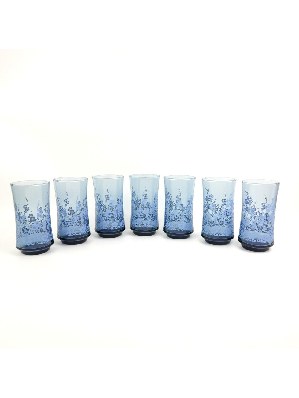 Vintage Libbey Oriental Blue Dogwood Floral Tumbler Glasses Set of 7 MCM 1970s